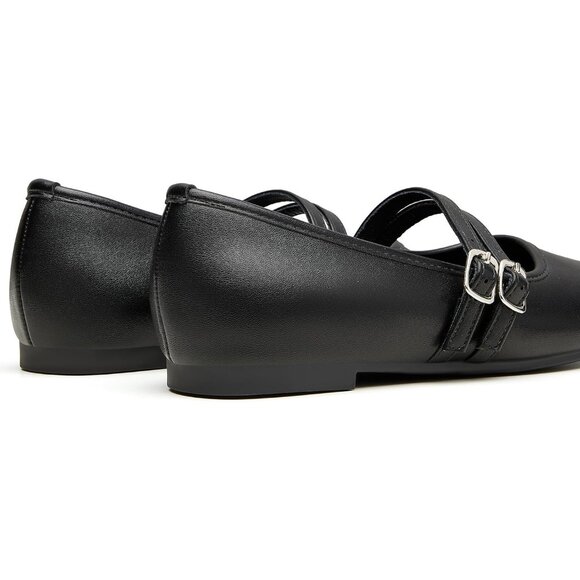 Trary Women Black Polyurethane (PU) Square Toe Slip On Buckle Strap Ballet Flats - Picture 2 of 6